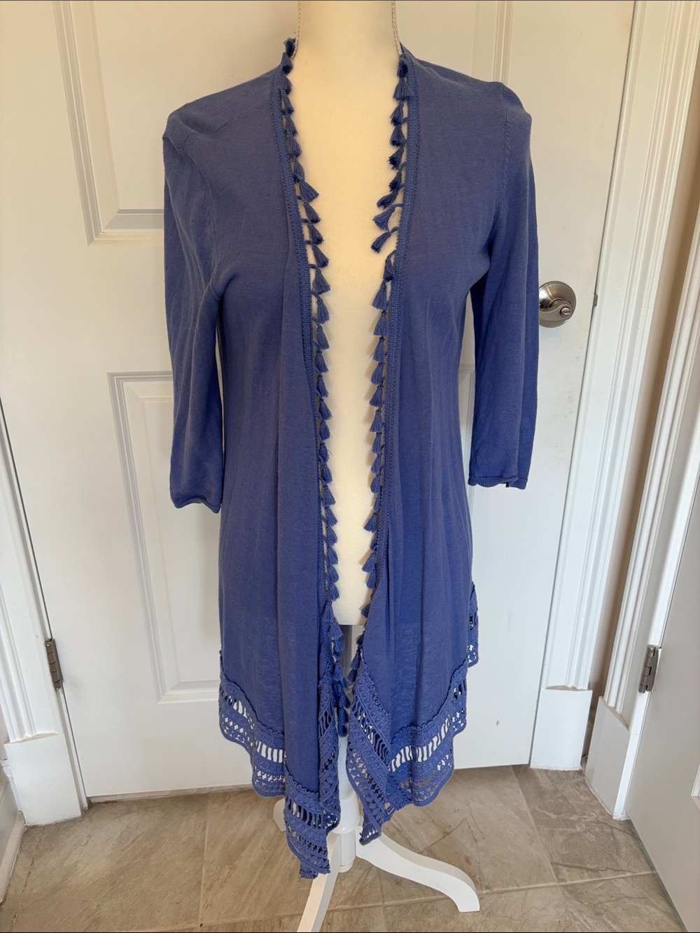 Chico's Cornflower Blue Open-Front Crochet-Hem Cardigan